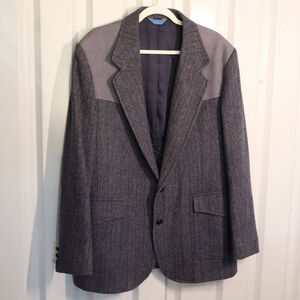 Pendleton Mens Wool Blue Sport Coat Gray Suede Patches Western Size 46 Long EUC